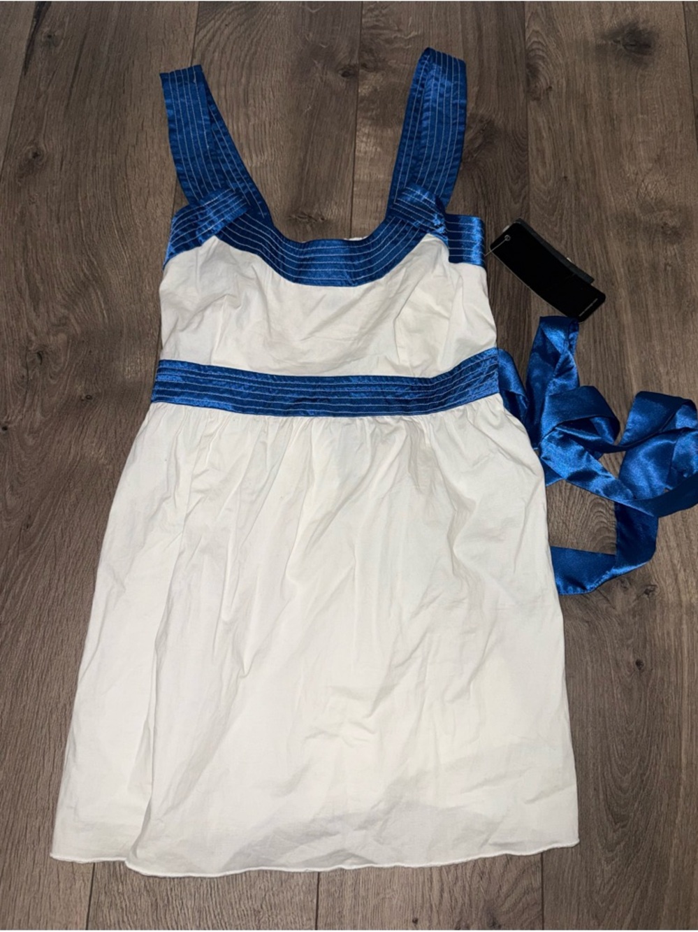 White Tank with Blue Satin Trim
